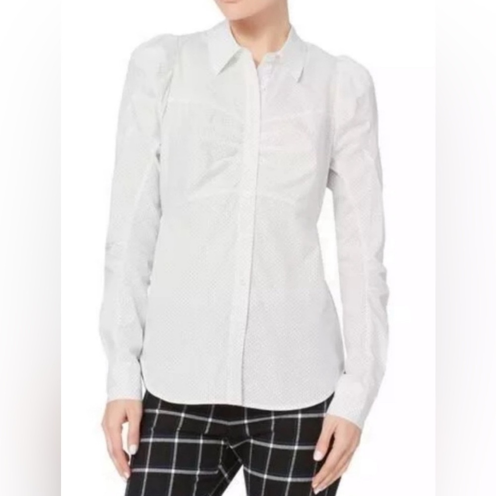 Veronica Beard Candice Pouf Sleeve Buttondown Shirt Polka Dot Print White Black